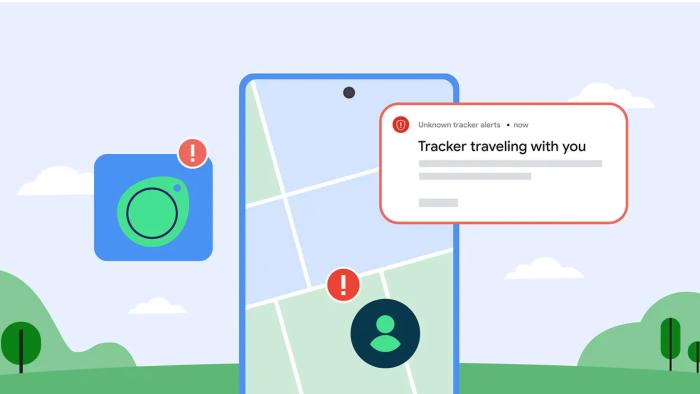 A Google illustration of Bluetooth trackers on a map and a unknown tracker alert.