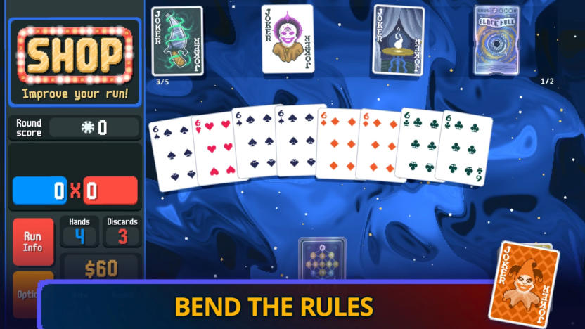 Promotional screen for the deck-building game Balantro. Cards, scores, "Bend the rules" text.