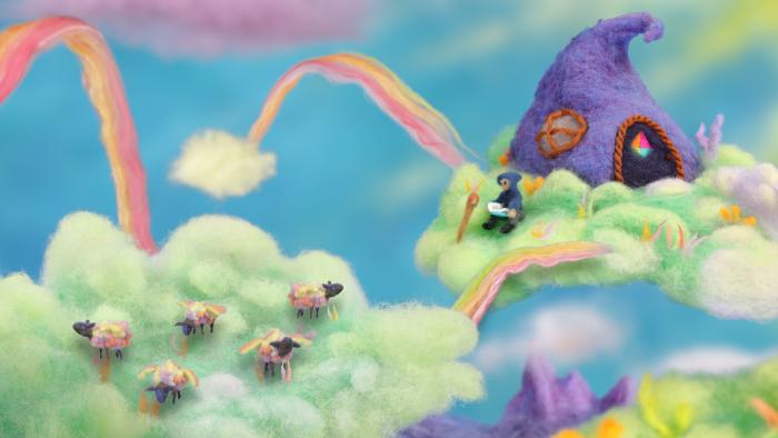 A screenshot of Feltopia, showing a sheep herder tending to their winged sheep on clouds. Everything is created using felt.