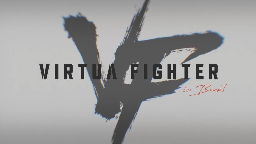 Screenshot text: Virtua Fighter is back. There's a "VF" logo in the background.