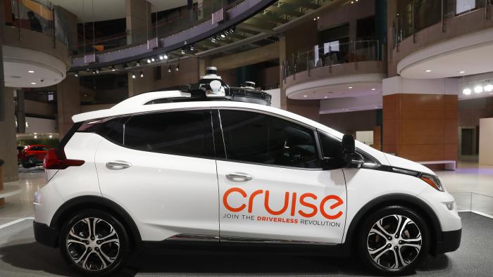 FILE - Cruise AV, General Motor's autonomous electric Bolt EV, is seen on Jan. 16, 2019, in Detroit. (AP Photo/Paul Sancya, File)