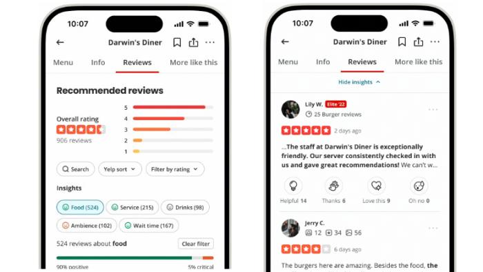 Yelp's new AI feature read customer reviews and rates certain aspects of service with a number.