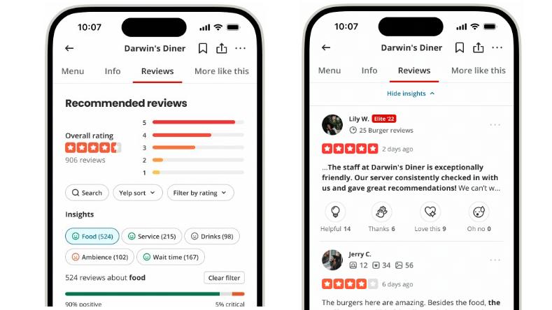 Yelp's new AI feature read customer reviews and rates certain aspects of service with a number.