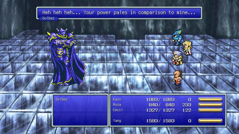 Screenshot from the Final Fantasy Pixel Remaster series. Four characters battle the evil boss Golbez. A dialog bubble coming from the villain reads, "Heh heh heh... Your power pales in comparison to mine..."