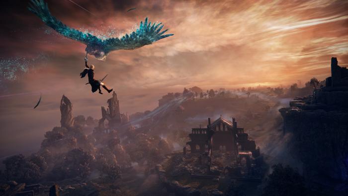 A screenshot from Elden Ring Nightreign of a player catching a ride on a spectral eagle.