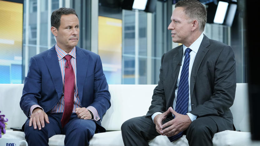 NEW YORK, NEW YORK - AUGUST 09: Fox anchor Brian Kilmeade interviews entrepreneur and venture capitalist (R) Peter Thiel during "FOX & Friends" at Fox News Channel Studios on August 09, 2019 in New York City. (Photo by John Lamparski/Getty Images)