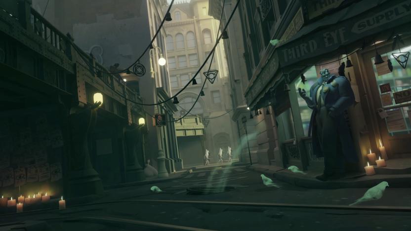 A still from the Deadlock teaser showing a large man standing in front of a storefront in an alley with three characters seen walking in the distant background