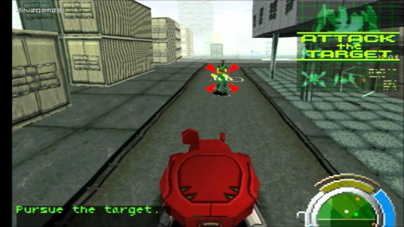 Screen from the Ghost in the Shell game for PS1. A spider-bot in the foreground aims its target on an enemy.