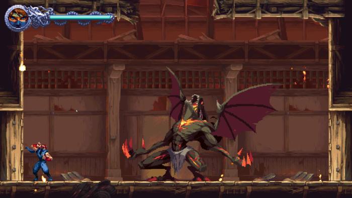 Ninja Gaiden Ragebound protagonist Kenji Mozu faces off against a winged demo in a burning dojo. 