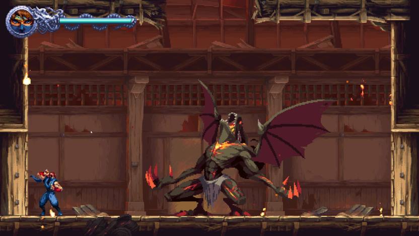 Ninja Gaiden Ragebound protagonist Kenji Mozu faces off against a winged demo in a burning dojo. 