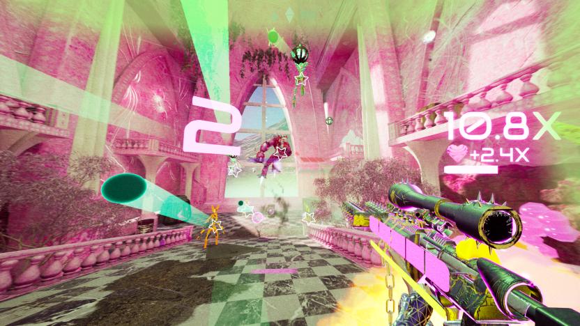 Incolatus: Don't Stop, Girlypop! screenshot showing a pink arena with a checkerboard floor and the player holding a gun with a scope on top.