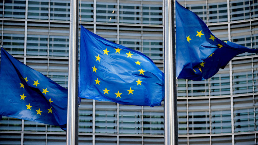 FILE PHOTO: European Union flags fly outside the European Commission headquarters in Brussels, Belgium, March 1, 2023. REUTERS/Johanna Geron/File Photo