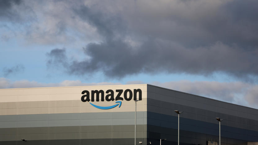 HAYDOCK, ENGLAND - OCTOBER 15: The Amazon logo is displayed outside Amazon UK MAN8 Warehouse on October 15, 2023 in Haydock, United Kingdom. (Photo by Nathan Stirk/Getty Images)