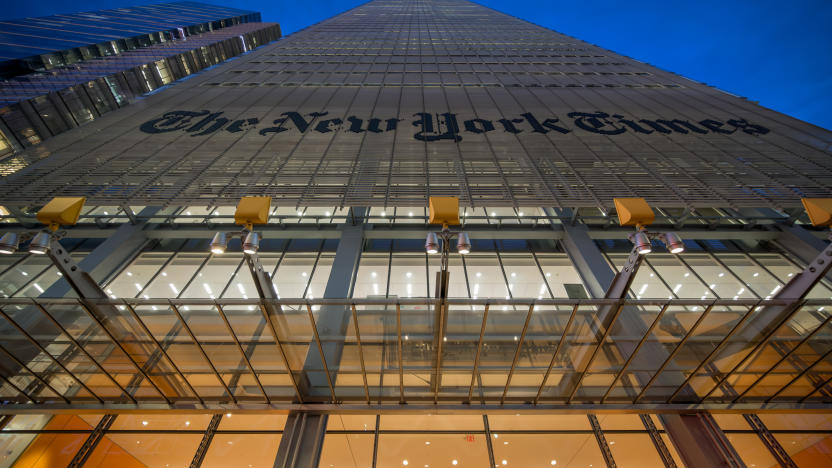 MANHATTAN, NEW YORK, UNITED STATES - 2024/11/06: Marquee at the main entrance to the New York Times Headquarters  building in Manhattan. (Photo by Erik McGregor/LightRocket via Getty Images)