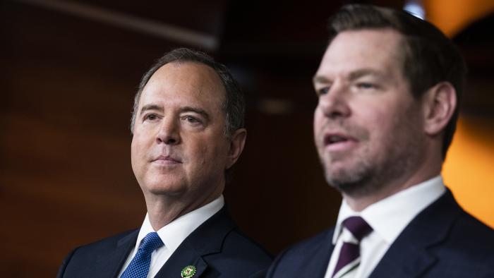 UNITED STATES - JANUARY 25: Reps. Eric Swalwell, D-Calif., right, and Adam Schiff, D-Calif., conduct a news conference with Rep. Ilhan Omar, D-Minn., on being removed from committees assignments, in the Capitol Visitor Center on Wednesday, January 25, 2023. (Tom Williams/CQ-Roll Call, Inc via Getty Images)