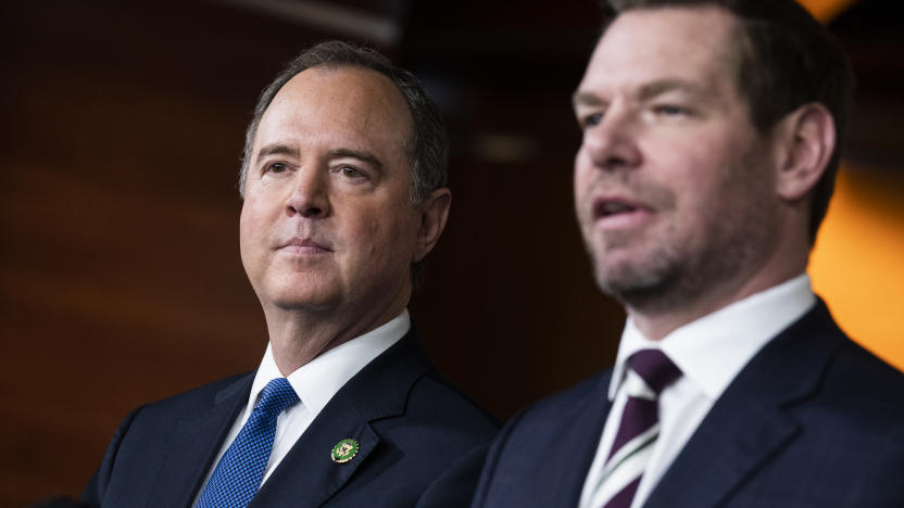 UNITED STATES - JANUARY 25: Reps. Eric Swalwell, D-Calif., right, and Adam Schiff, D-Calif., conduct a news conference with Rep. Ilhan Omar, D-Minn., on being removed from committees assignments, in the Capitol Visitor Center on Wednesday, January 25, 2023. (Tom Williams/CQ-Roll Call, Inc via Getty Images)