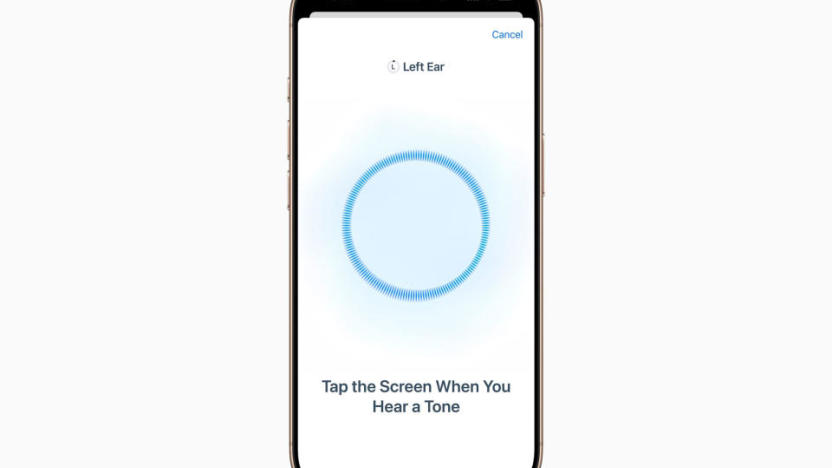 Image of an iPhone with the upcoming iOS 18 hearing test on its screen. It asks to tap the screen when you hear a tone.