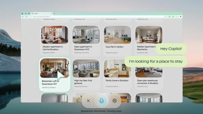 Demo sequence of Copilot Vision. A website with NYC lofts is visible in the Edge browser. Overlaid chat bubbles show a dialog: "Hey Copilot, I'm looking for a place to stay."