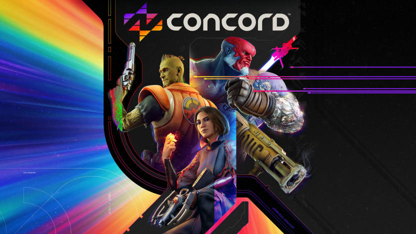 Title screen for upcoming game Concord. Three characters in heroic poses against a rainbow radial background with the title "Concord" above.