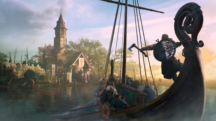 A still from Assassins Creed Valhalla showing a Viking boat floating past a church 