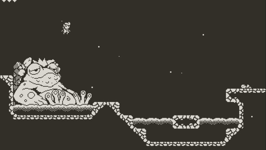 A still from the Playdate game Echo: The Oracle's Scroll shows in pixel art style a small boy jumping on the belly of a huge frog