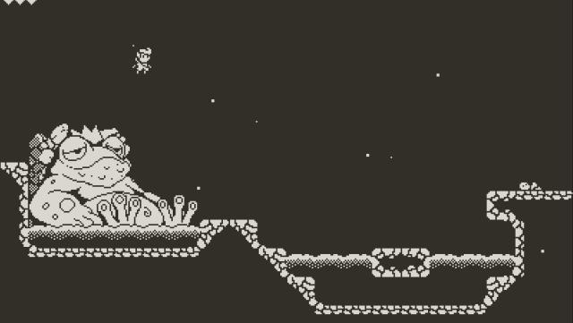 A still from the Playdate game Echo: The Oracle's Scroll shows in pixel art style a small boy jumping on the belly of a huge frog