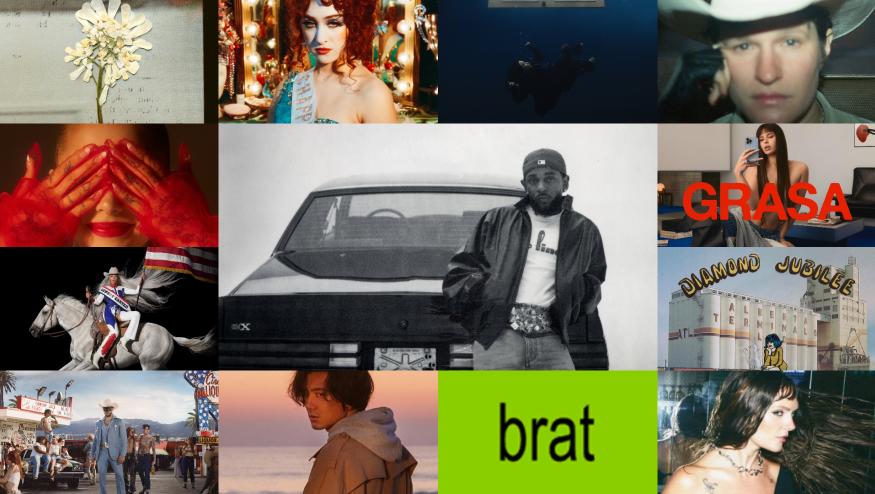 Album covers and artist photos in a collage representing Engadget's most listened-to music in 2024