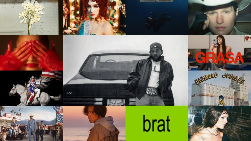 Album covers and artist photos in a collage representing Engadget's most listened-to music in 2024