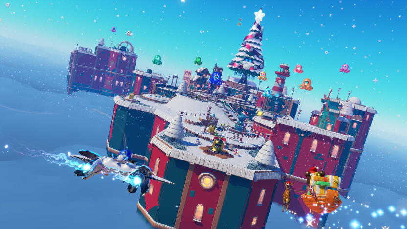 Teaser image for Astro Bot’s upcoming Winter Wonder level. Astro Bot and a dog toting a sleigh (Santa style) approach a floating wonderland with a big Christmas tree at the center.