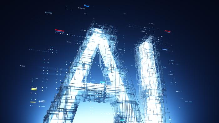 Digital generated image of huge AI letters surrounded by construction cubic structured network standing on blue reflective background visualising smart technology, blockchain and artificial intelligence.